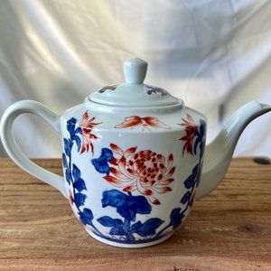 ACF Hand-painted, Hong Kong Tea Pot, Floral, White, Blue and Orange, EUC!